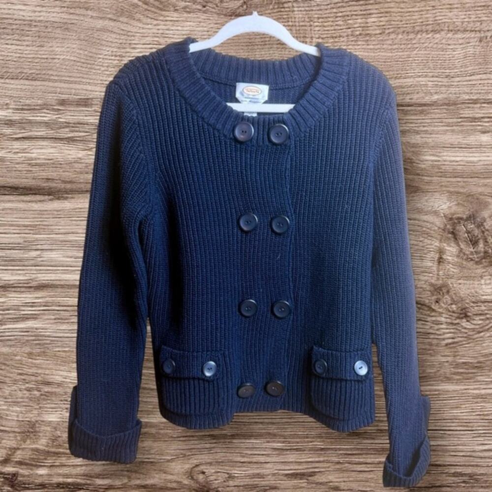 Talbots mercerized cotton navy blue double breasted nautical style sweater. XL.